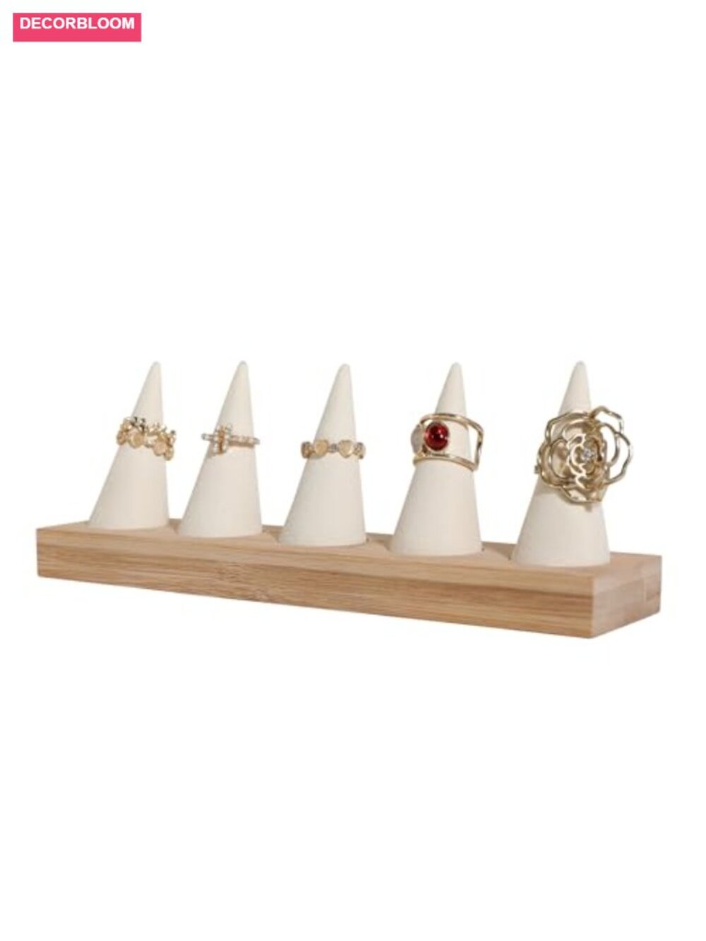 Velvet Ring Holder Stand Wood Base 5 Cones Jewelry Organizer Display Nightstand